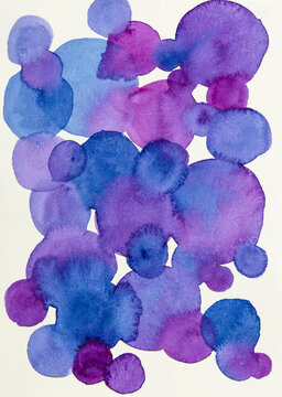 Abstract gradient watercolor circles isolated on white, round shape background. Watercolour stains aquarelle texture blue pink violet purple