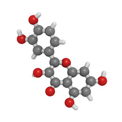 Quercetin plant molecule. 3D rendering. Atoms are represented as spheres with conventional color coding: hydrogen (white), carbon (grey), oxygen (red).