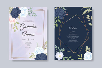  Wedding invitation card template set with beautiful  navy blue floral leaves Premium Vector
