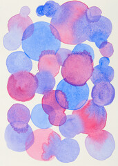 Abstract gradient watercolor circles isolated on white, round shape background. Watercolour stains aquarelle texture blue pink.