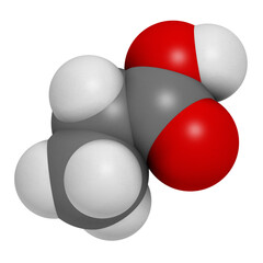 Propionic acid (propanoic acid) molecule. Used as preservative in food.