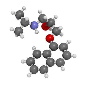 Propranolol high blood pressure drug molecule. Used to treat hypertension, anxiety and panic disorders.