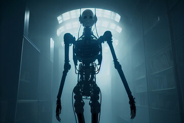 Fototapeta Terrible Death Machine Skeletal Robot Sci-Fi Horror Movie Scene 3D Art Conceptual Illustration. Frightening Creepy Anthropomorphic Cyborg Mechanism Science Fictional Character obraz
