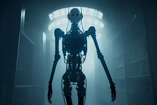 Terrible Death Machine Skeletal Robot Sci-Fi Horror Movie Scene 3D Art Conceptual Illustration. Frightening Creepy Anthropomorphic Cyborg Mechanism Science Fictional Character