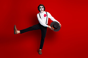 Full length body size view of his he handsome skinny tall cheerful cherry gentleman jumping dancing...