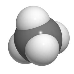 Methane (CH4) gas molecule, chemical structure. Methane is the main component of natural gas.