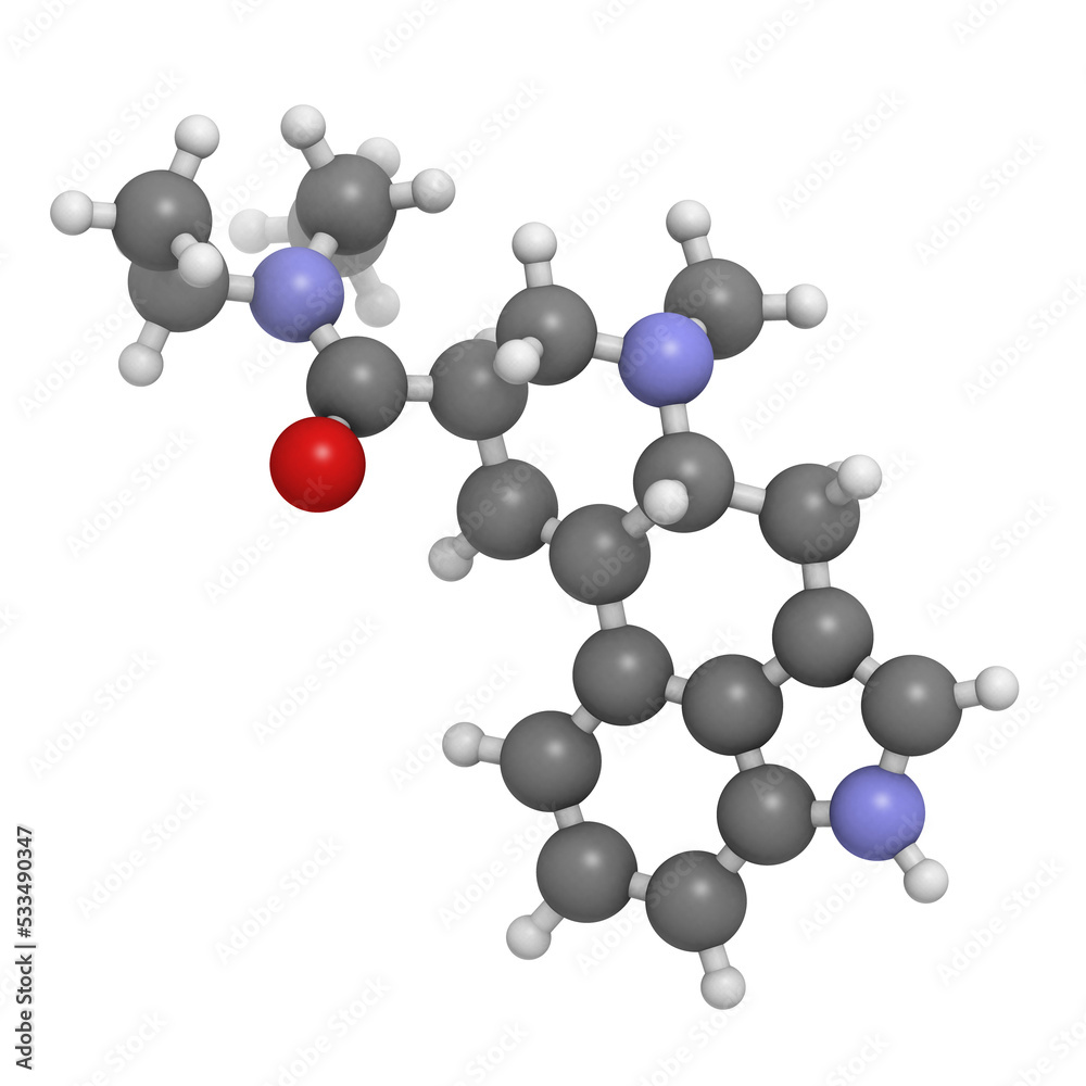 Poster lysergic acid diethylamide (lsd) hallucinogenic drug, molecular model