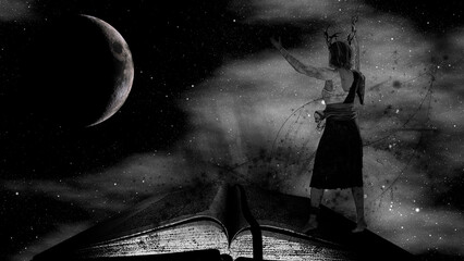 Evil witch and crescent in the night sky. Half moon and stars and an open book.