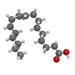 Omega-6 unsaturated fatty acid (linoleic acid, LA), molecular model.