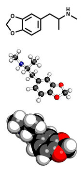 MDMA (XTC, E, ecstasy) party drug molecule. Full chemical name is 3,4-methylenedioxymethamphetamine.