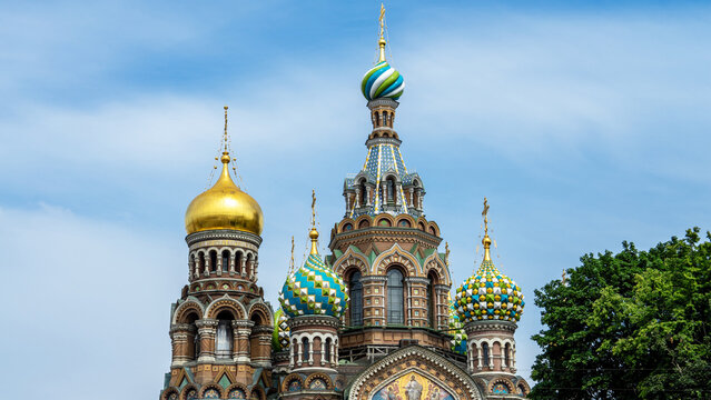 Multicolored and golden domes of Cathedral or Church of Savior on Spilled Blood, St. Petersburg, Russia