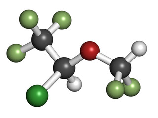 Obraz premium Isoflurane anesthetic drug molecule. Used for inhalational anesthesia during surgery.