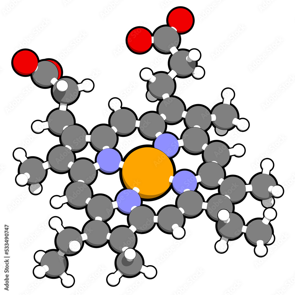 Wall mural heme b (haem b) molecule. heme is an essential component of hemoglobin, myoglobin, cytochrome, catal