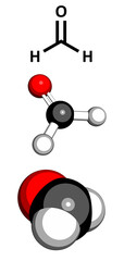 Formaldehyde (CH2O), molecular model. Formaldehyde is a known carcinogenic agent and a common indoor air pollutant.