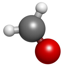 Formaldehyde (CH2O), molecular model. Formaldehyde is a known carcinogenic agent and a common indoor air pollutant.