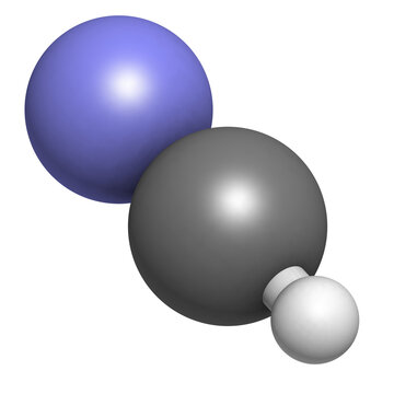 Hydrogen cyanide (HCN, Prussic acid) poison molecule, chemical structure. HCN is an extremely toxic and volatile liquid.