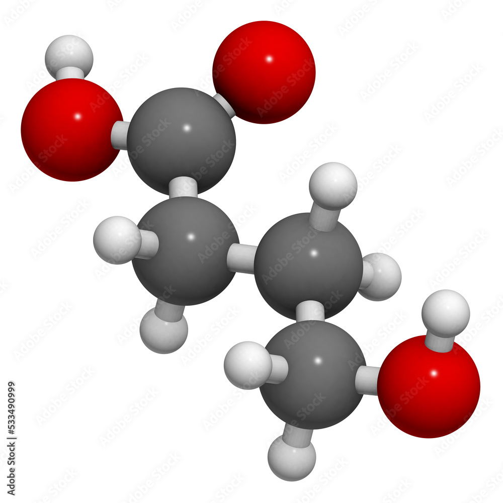 Sticker gamma-hydroxybutyric acid (ghb, liquid xtc) drug, molecular model.