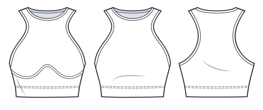 Cropped Tank Top, Sports Bra technical fashion Illustration. Women's Tank Top, Bra fashion flat technical drawing template, high-neck longline, slim fit, front, back view, white, CAD mockup set.