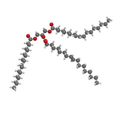 Trans-fat containing triglyceride (elaidyl stearyl oleyl triglyceride), molecular model