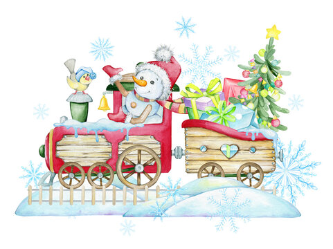 Cute snowman, eats on the train, carries gifts and a Christmas tree. Watercolor clipart