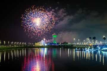 Fireworks at Al Khobar, Saudi Arabia September 23 2022 National Day Celebration of Kingdom of Saudi...
