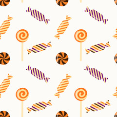 Halloween vector seamless pattern with trick or treat candies. Background in traditional colours and for Halloween celebration, textiles, wallpapers, wrapping paper, scrapbooking. 