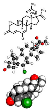 Cyproterone acetate (CPA) oral anticonceptive drug, molecular model.