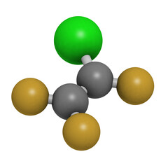 Chlorotrifluoroethylene (CTFE) refrigerant molecule and polychlorotrifluoroethylene plastic building block.