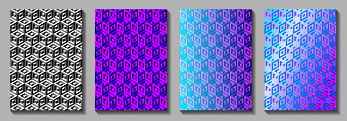 Seamless vector set 3D pattern with cubes and optical illusions for cover design, menu, brochures, cards, background, flyers. Gradient color. Psychedelic geometric backdrop for fabric or wrapping. 