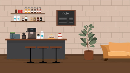 Vector illustration of a beautiful coffee shop. Cartoon interior with bar counter, coffee machine, mugs, sweet dope, milk, menu, sofa for waiting and sweets.
