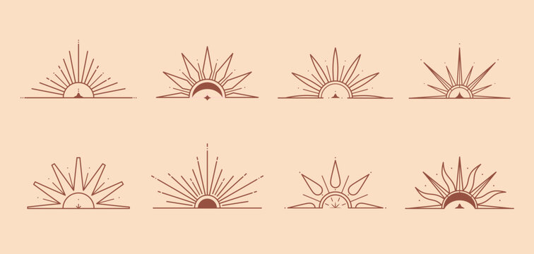 Bundle of vector bohemian logo design templates with sun,moon,star and sunburst.Boho linear icons or symbols in trendy minimalist style.Modern celestial emblems.Branding designs templates.