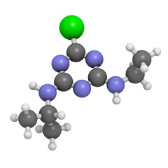 Atrazine herbicide, molecular model.