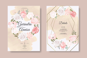 romantic wedding invitation card with beautiful floral and leaves template Premium Vector