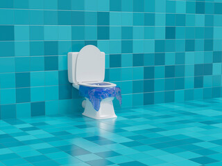 Ceramic white toilet bowl with garbage bag on turquoise tiles background. Crisis in Europe, saving...