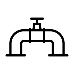 Pipeline with gate valve icon. Pipe and valve. Black contour linear silhouette. Front side view. Editable strokes. Vector simple flat graphic illustration. Isolated object on a white background.