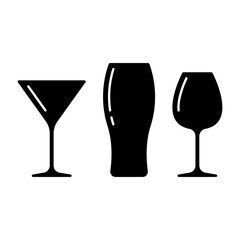 Set of wine glasses icon. Black silhouette. Front side view. Vector simple flat graphic illustration. Isolated object on a white background. Isolate.