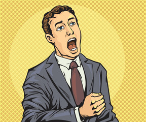 The young businessman was excited and surprised. He opened his eyes wide and shouted loudly.hand drawn style vector design illustration.