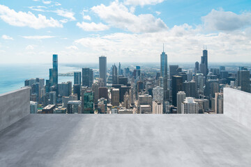 Fototapeta na wymiar Skyscrapers Cityscape Downtown, Chicago Skyline Buildings. Beautiful Real Estate. Day time. Empty rooftop View. Success concept.