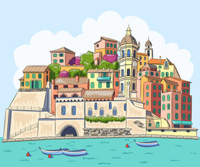 Color drawing of the Italian village Vernazza against the backdrop of the blue sea. - obrazy, fototapety, plakaty