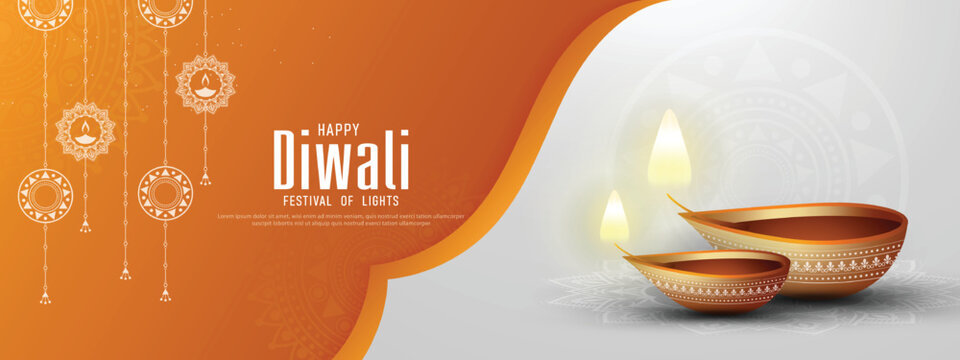 Happy Diwali - Festival Of Lights Colorful Banner Template Design With Decorative Diya Lamp. Vector Illustration.