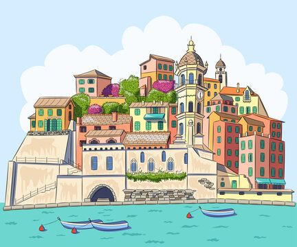 Color drawing of the Italian village Vernazza against the backdrop of the blue sea.