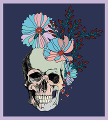 Skull with flowers vintage style illustration	