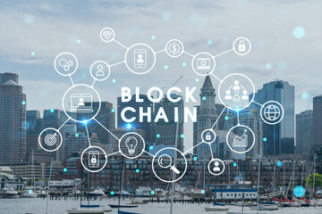 Panoramic picturesque city view of Boston Harbour at day time, Massachusetts. Building exteriors of financial downtown. Technological, educational center. Blockchain and cryptography concept, hologram