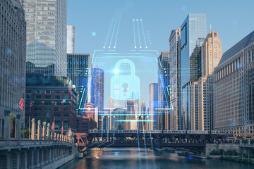 Panorama cityscape of Chicago downtown and Riverwalk, boardwalk with bridges at sunset, Illinois, USA. The concept of cyber security to protect companies confidential information, hologram