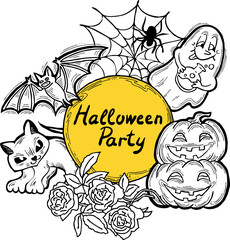 Halloween frame with hand drawn scary and funny cartoon characters. Design for party invitation, store sale, seasonal discount banner, greeting card, background, poster print, decorative elements.
