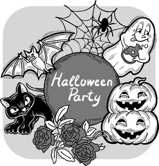Halloween frame with hand drawn scary and funny cartoon characters. Design for party invitation, store sale, seasonal discount banner, greeting card, background, poster print, decorative elements.