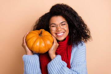 Photo of cute young afro hairstyle lady hug pumpkin wear blue sweater eyewear red scarf isolated on beige color background - obrazy, fototapety, plakaty
