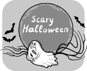 Halloween frame with hand drawn scary and funny cartoon characters. Design for party invitation, store sale, seasonal discount banner, greeting card, background, poster print, decorative elements.
