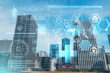 Panorama cityscape of Chicago downtown and Riverwalk, boardwalk with bridges at day time, Illinois, USA. Health care digital medicine hologram. The concept of treatment and disease prevention