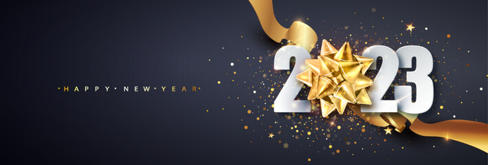 2023 Happy new year vector background. Holiday greeting card design with big golden gift bow. Festive premium concept template for holiday.